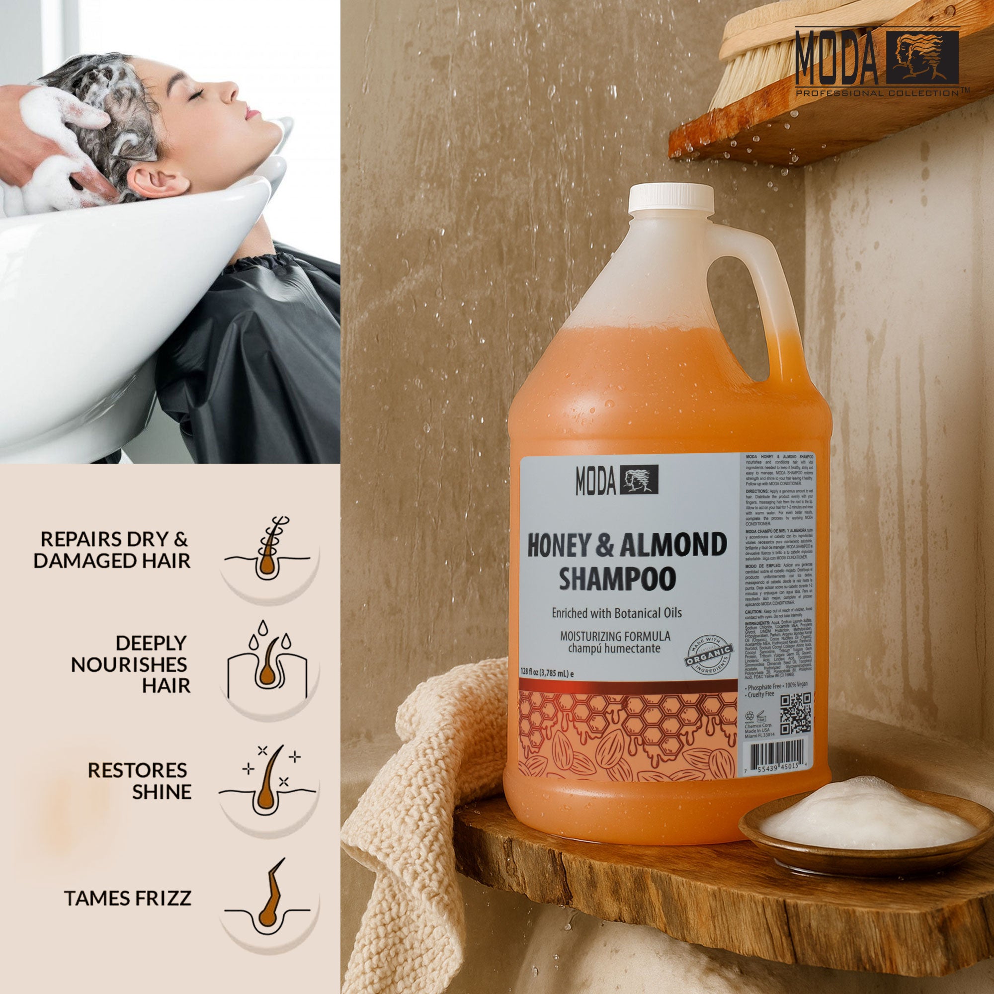 MODA - Moisturizing Shampoo for All Hair Types, Balsam and Protein, Professional - Deep Cleansing and Conditioning - Strengthens, Restores, and Adds Shine