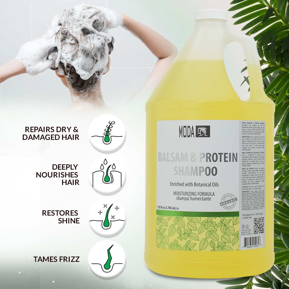 MODA - Moisturizing Shampoo for All Hair Types, Balsam and Protein, Professional - Deep Cleansing and Conditioning - Strengthens, Restores, and Adds Shine - Beauty Market Online
