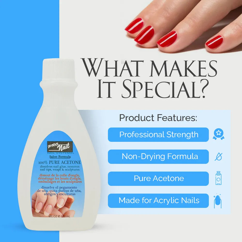 PRO NAIL Pure Acetone - Powerful Nail Polish Remover - 4 Oz