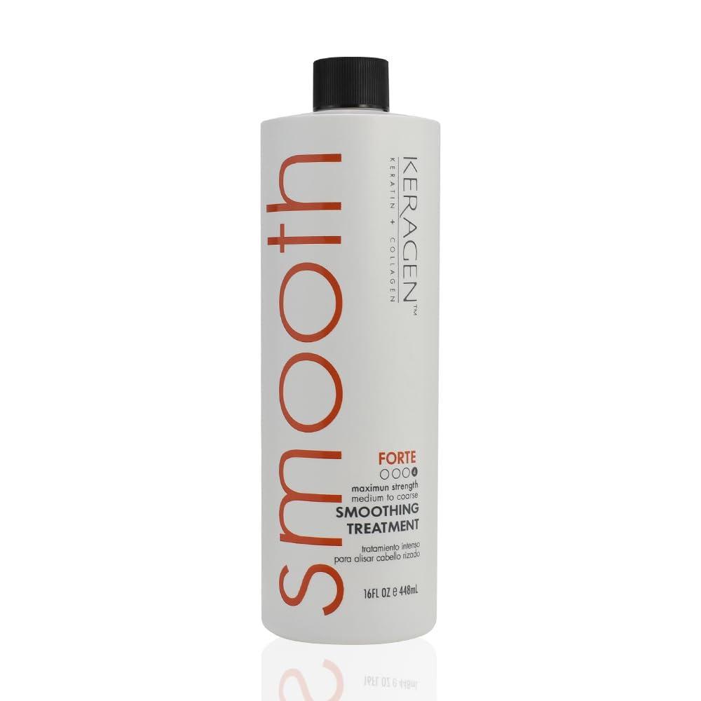 Keragen Smoothing Treatment Forte, 16 fl oz bottle. White bottle with bold 'smooth' text, formulated with keratin and collagen for maximum strength to smooth medium to coarse hair. Ideal for taming frizz and creating sleek, straight hair.