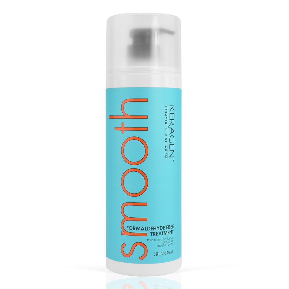 Keragen Smooth Formaldehyde-Free Treatment, 32 fl oz bottle with pump. Light blue packaging designed to smooth and straighten hair, formulated with keratin and collagen for frizz control and hair restoration without harmful chemicals.