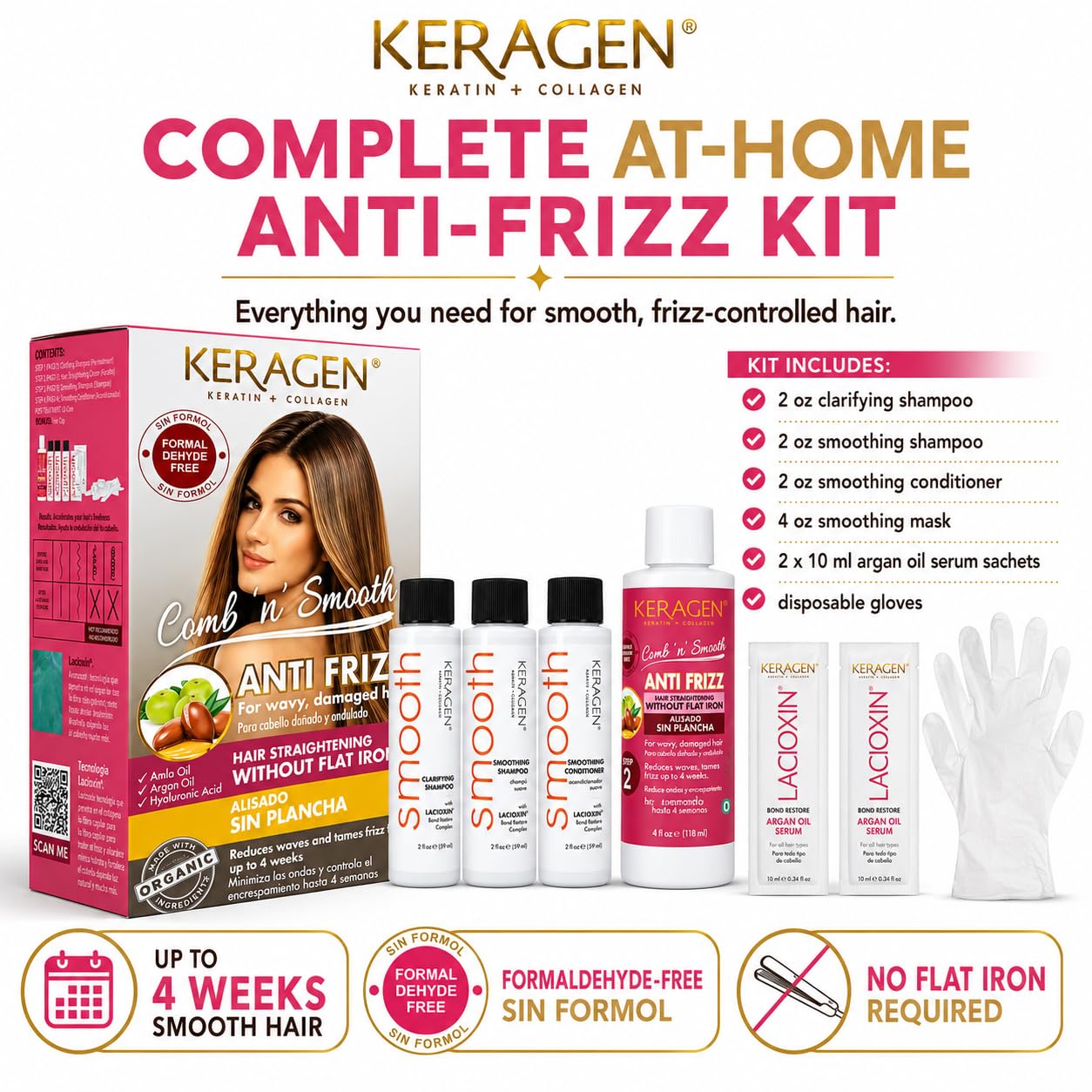 KERAGEN Smoothing Hair Treatment Kit – Frizz Control for Frizzy Hair | At-Home Use, No Flat Iron Required