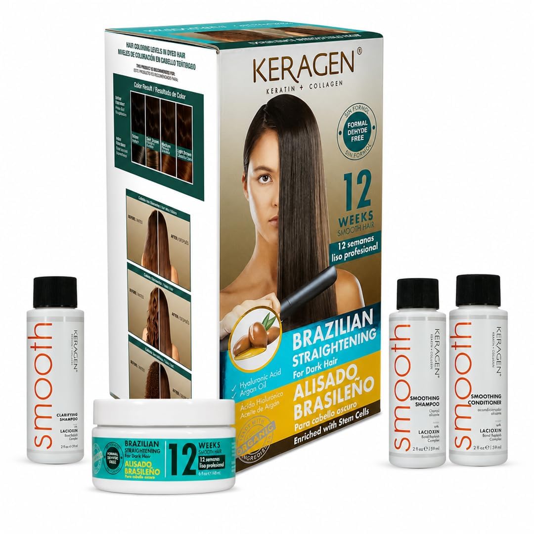 KERAGEN At-Home Keratin Smoothing Treatment – Formaldehyde-Free, Color-Safe System for Dark, Coarse & Frizzy Hair | 12-Week Frizz Control & Humidity Resistance | Organic-Infused Formula