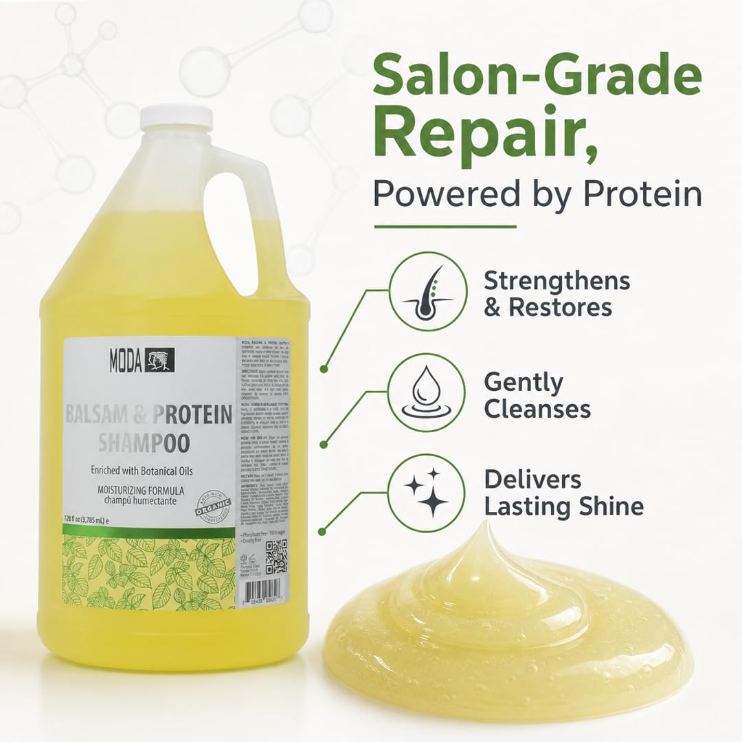 MODA - Moisturizing Shampoo for All Hair Types, Balsam and Protein, Professional - Deep Cleansing and Conditioning - Strengthens, Restores, and Adds Shine