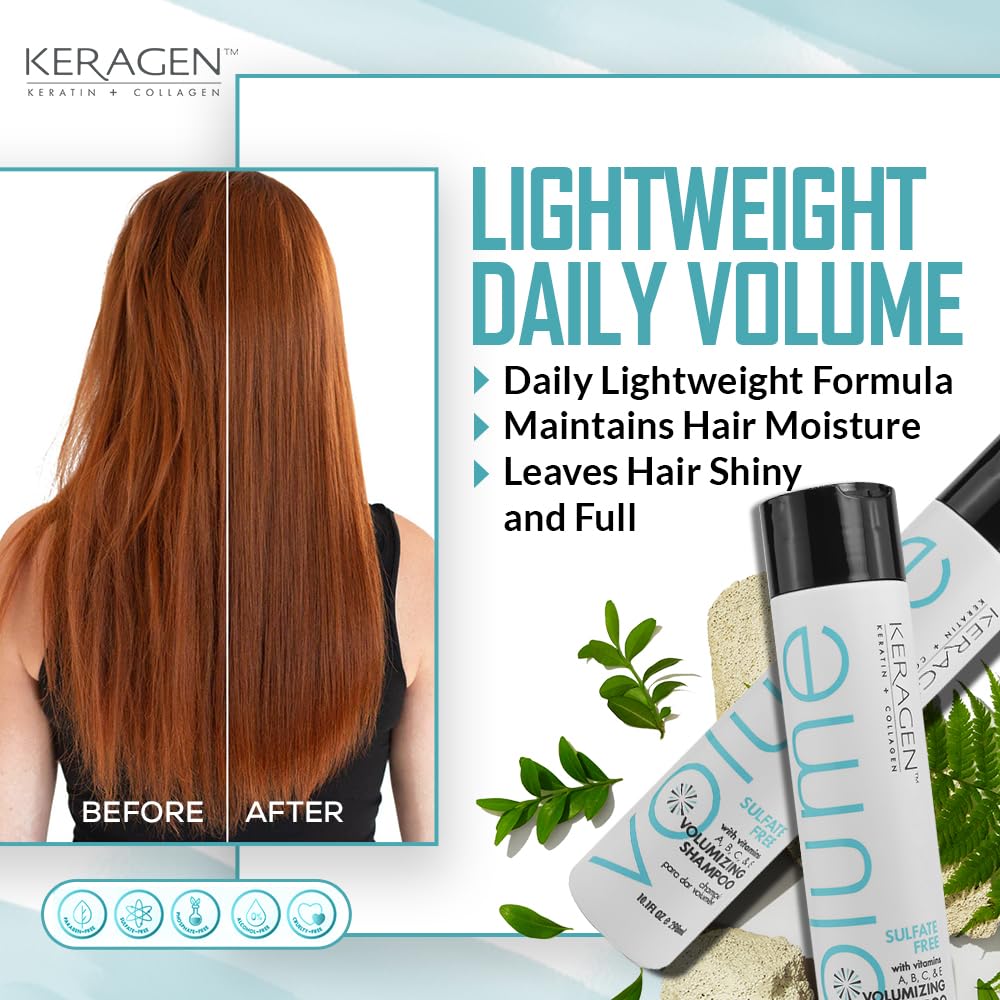 KERAGEN - Volumizing Shampoo and Conditioner for Fine Hair with Keratin and Collagen, Sulfate Free