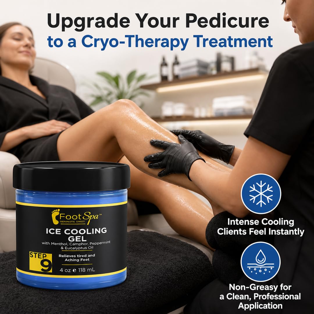 Foot Spa Massage Cooling Gel – Professional Strength Ice Cooling Therapy for Pedicure &amp; Foot Care – Infused with Menthol, Camphor, Peppermint &amp; Eucalyptus Oil for Soothing Relief &amp; Refreshing Hydration