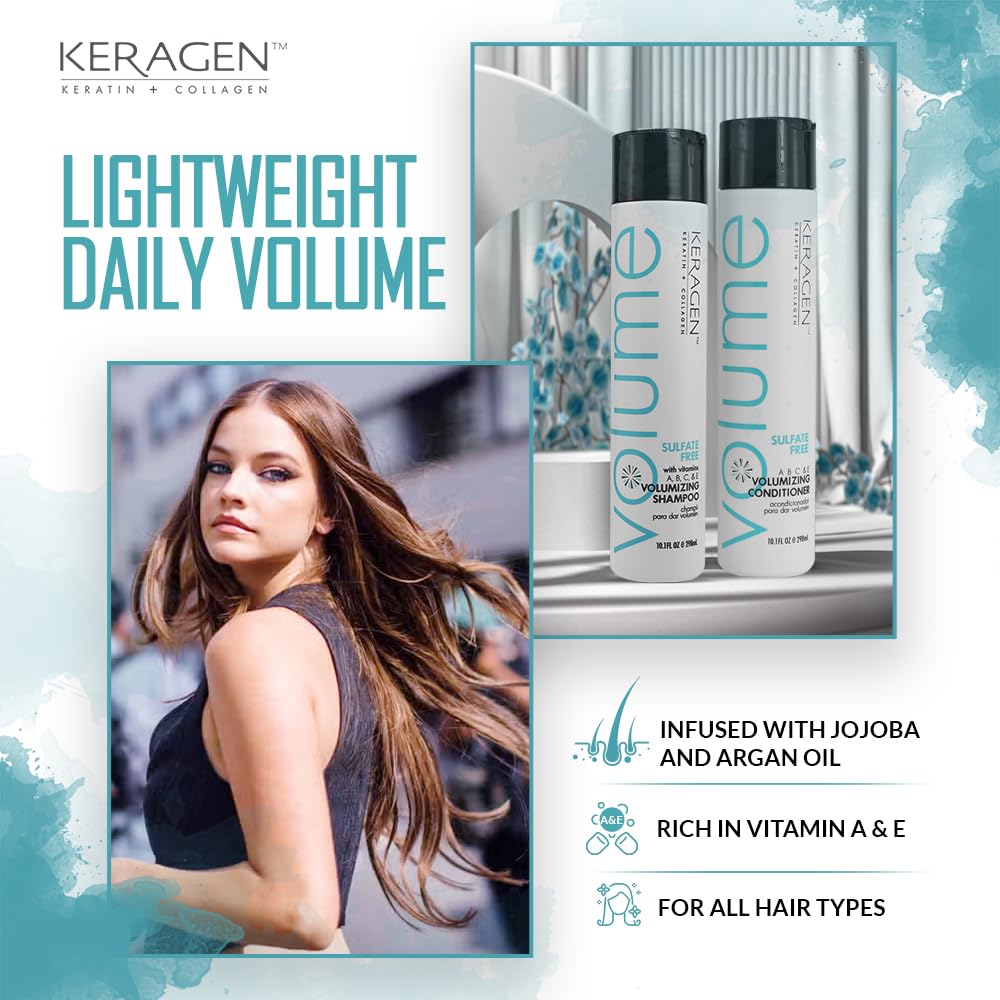 KERAGEN - Volumizing Shampoo and Conditioner for Fine Hair with Keratin and Collagen, Sulfate Free