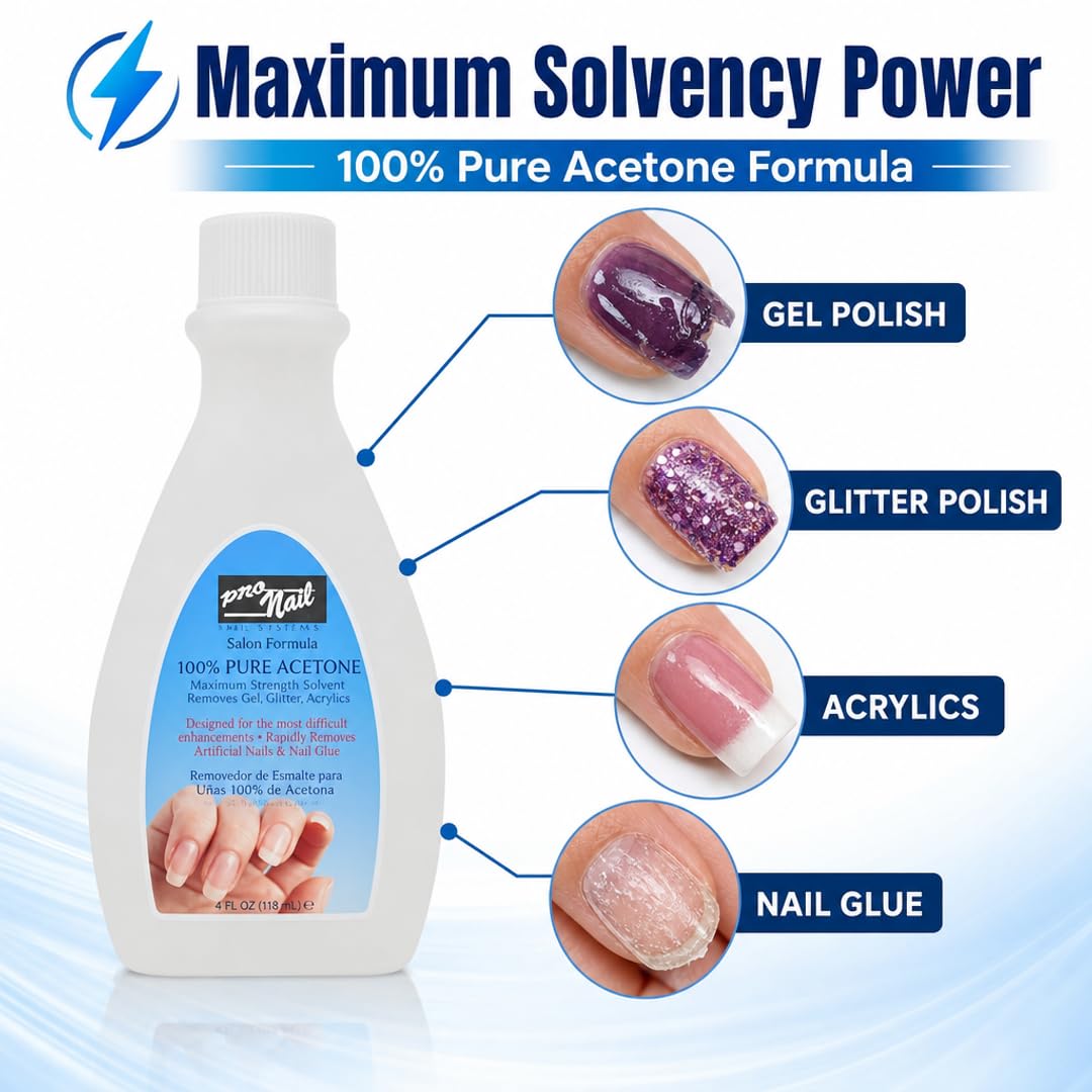 PRO NAIL Pure Acetone - Powerful Nail Polish Remover - 4 Oz