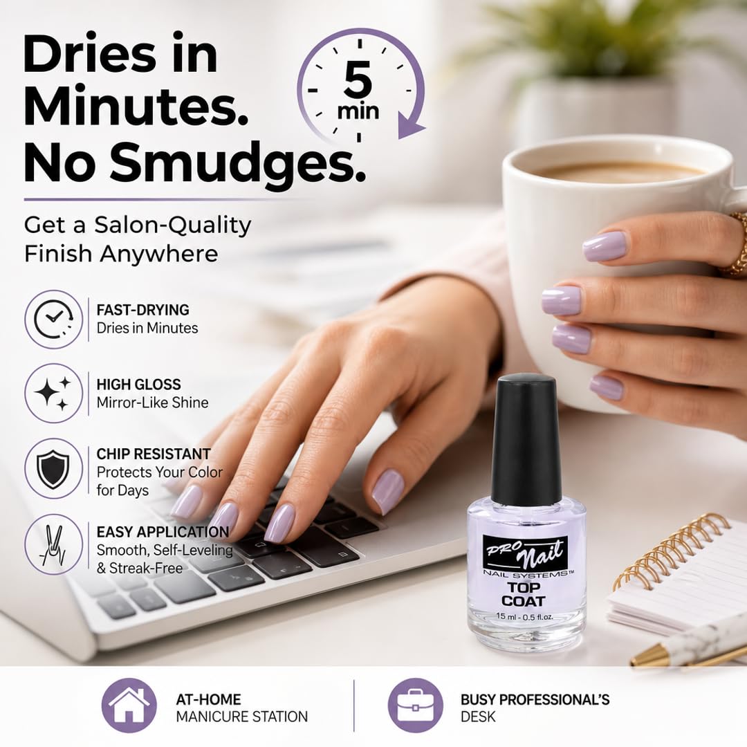 PRO NAIL - Nail Polish Top Coat - High Gloss, Chip Resistant, Long-Lasting Shine for Manicure &amp; Pedicure