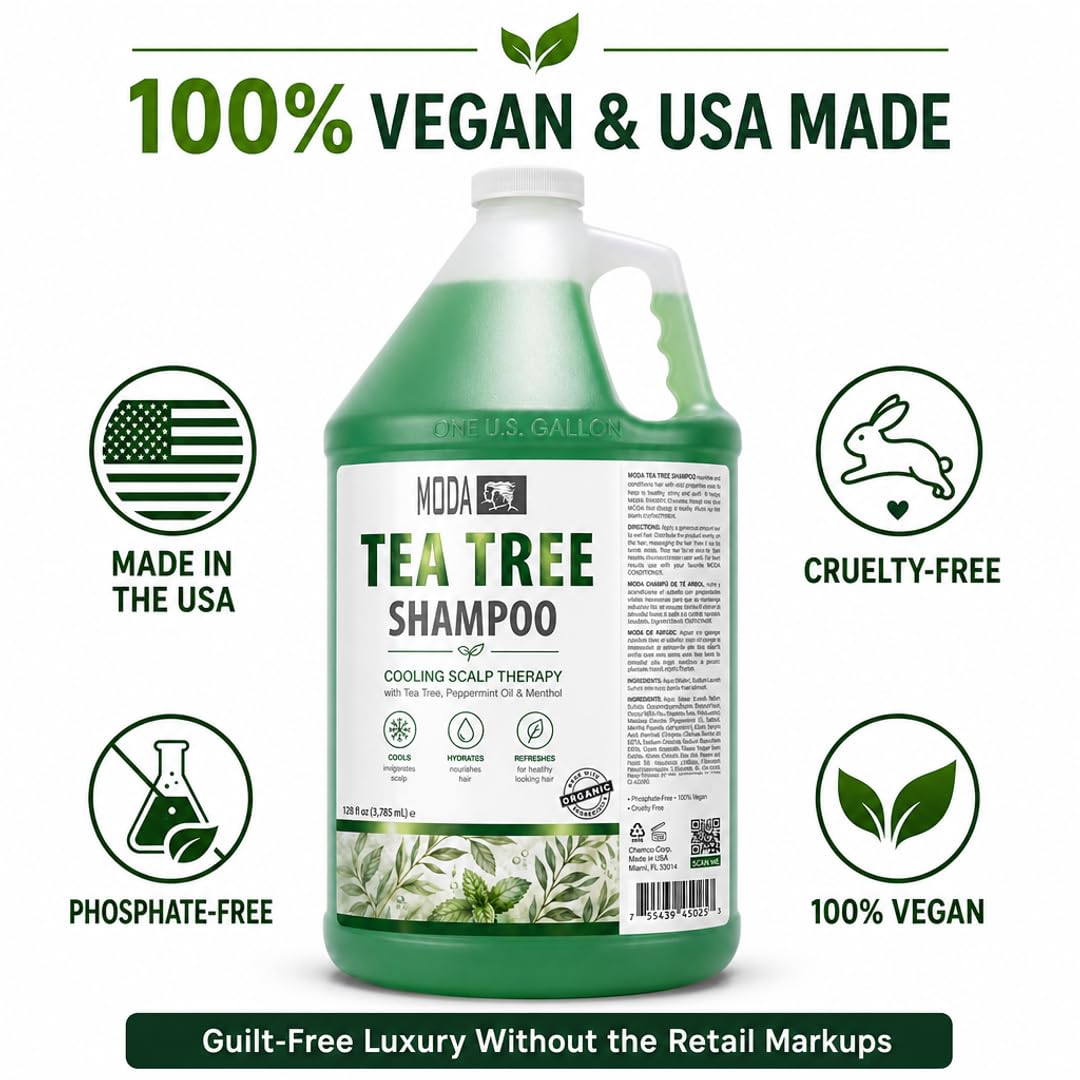 MODA 1 Gallon Tea Tree Bulk Botanical Shampoo - Cooling Scalp Therapy to Remove Styling Product Buildup - Reduce Restocking Frequency and Deliver a Spa-Grade Lather, 128 fl oz