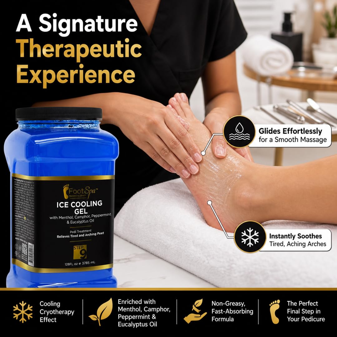 Foot Spa Massage Cooling Gel – Professional Strength Ice Cooling Therapy for Pedicure &amp; Foot Care – Infused with Menthol, Camphor, Peppermint &amp; Eucalyptus Oil for Soothing Relief &amp; Refreshing Hydration