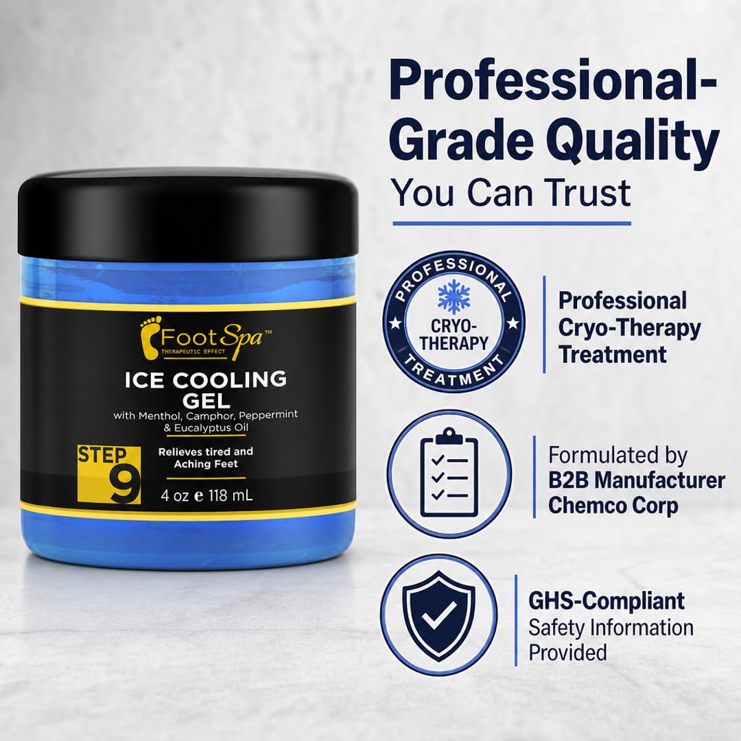 Foot Spa Massage Cooling Gel – Professional Strength Ice Cooling Therapy for Pedicure &amp; Foot Care – Infused with Menthol, Camphor, Peppermint &amp; Eucalyptus Oil for Soothing Relief &amp; Refreshing Hydration