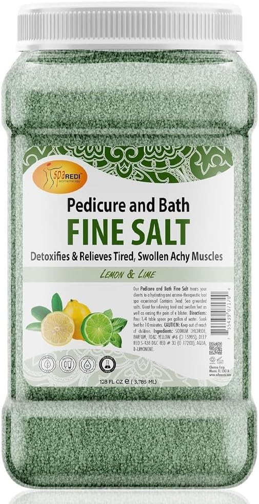 Spa Redi Pedicure and Bath Fine Salt, 128 fl oz jar with lemon &amp; lime scent. Light green salt crystals detoxify, relieve tired, swollen muscles. Ideal for pedicures and baths, providing soothing relief and skin softening benefits.