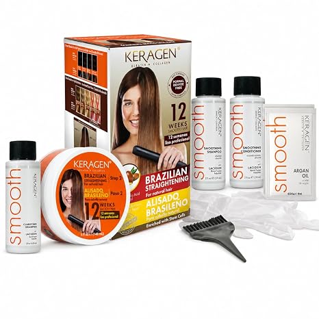 KERAGEN At-Home Hair Straightening Kit – Formaldehyde-Free Smoothing Treatment for Frizz-Prone Hair | 12-Week Humidity-Proof Results | Fine, Medium & Coarse Hair Types | Organic Ingredients