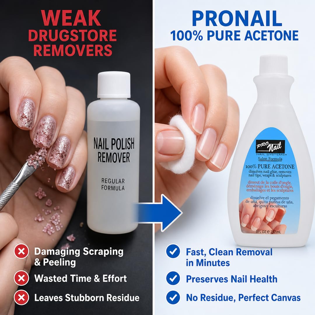 PRO NAIL 100% Pure Acetone Nail Polish Remover - Professional Strength for Acrylic Nails