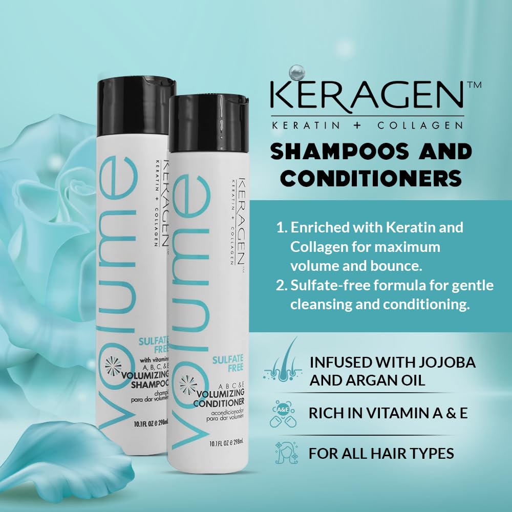 KERAGEN - Volumizing Shampoo and Conditioner for Fine Hair with Keratin and Collagen, Sulfate Free