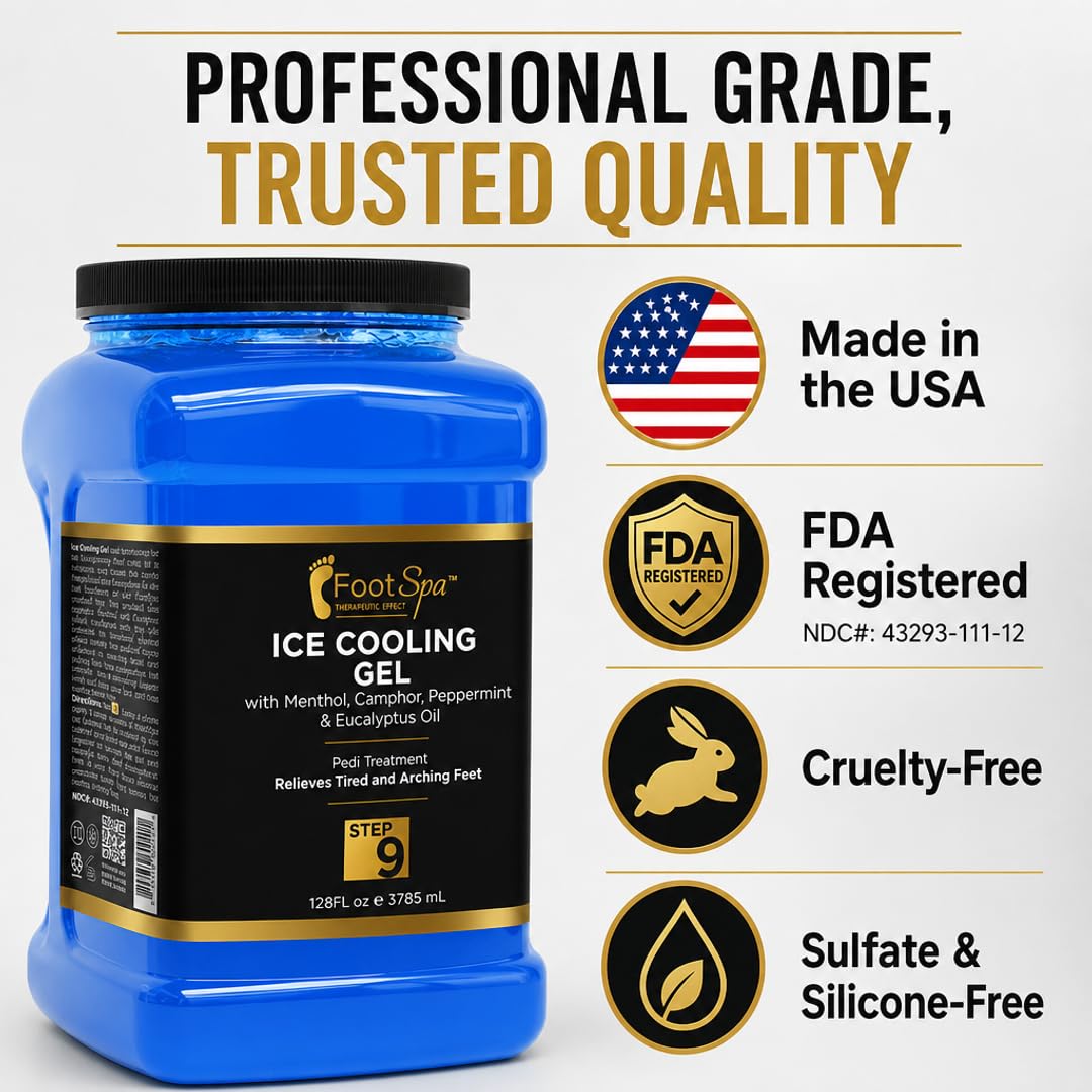 Foot Spa Massage Cooling Gel – Professional Strength Ice Cooling Therapy for Pedicure &amp; Foot Care – Infused with Menthol, Camphor, Peppermint &amp; Eucalyptus Oil for Soothing Relief &amp; Refreshing Hydration