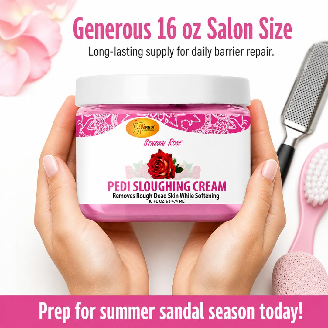 SPA REDI Sensual Rose Foot Cream jar with product details and pedicure tools