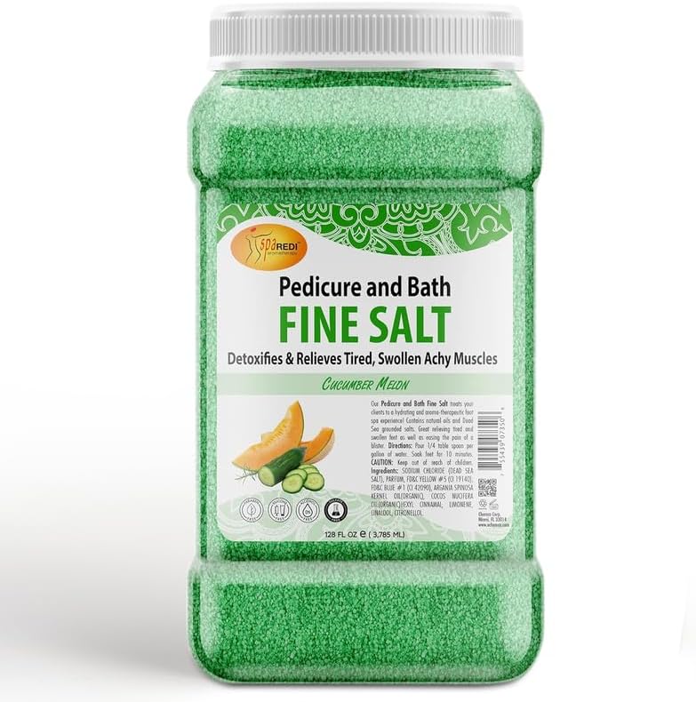 Spa Redi Pedicure and Bath Fine Salt, 128 fl oz jar with cucumber melon scent. Green salt crystals detoxify and relieve tired, swollen muscles. Perfect for pedicures and baths, providing relaxation and softening the skin