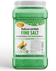 Spa Redi Pedicure and Bath Fine Salt, 128 fl oz jar with cucumber melon scent. Green salt crystals detoxify and relieve tired, swollen muscles. Perfect for pedicures and baths, providing relaxation and softening the skin