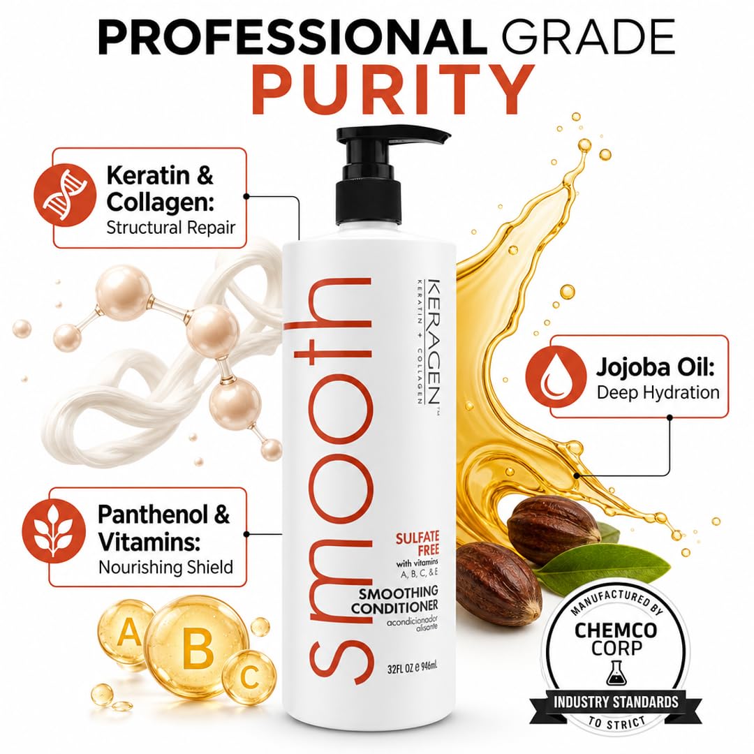 KERAGEN Smoothing Shampoo &amp; Conditioner - Keratin &amp; Collagen Infused Frizz Control System