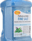 Spa Redi Pedicure and Bath Fine Salt, 128 fl oz jar with mint & eucalyptus scent. Blue salt crystals detoxify, relieve tired muscles, and reduce swelling. Ideal for pedicure and bath treatments, offering soothing relief and skin softening benefits.