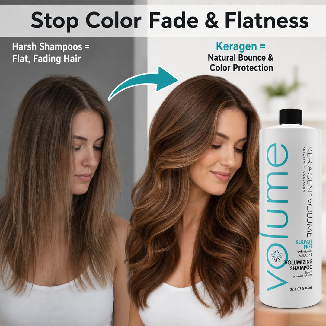 KERAGEN Volumizing Shampoo for Fine Hair, Sulfate-Free, Infused with Keratin, Collagen, and Organic Oils for Thickness and Shine - Beauty Market Online
