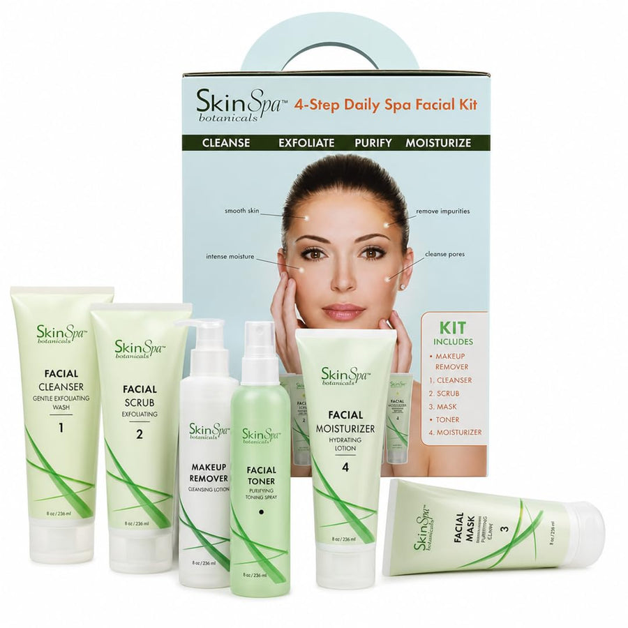 SKIN SPA - Skin Care Facial Cleanser Set, Daily Routine Kit, System, Infused with Aloe Vera - Face Wash Scrub, Cleanser, Toner, Makeup Remover, Clay Mask - 8 Oz