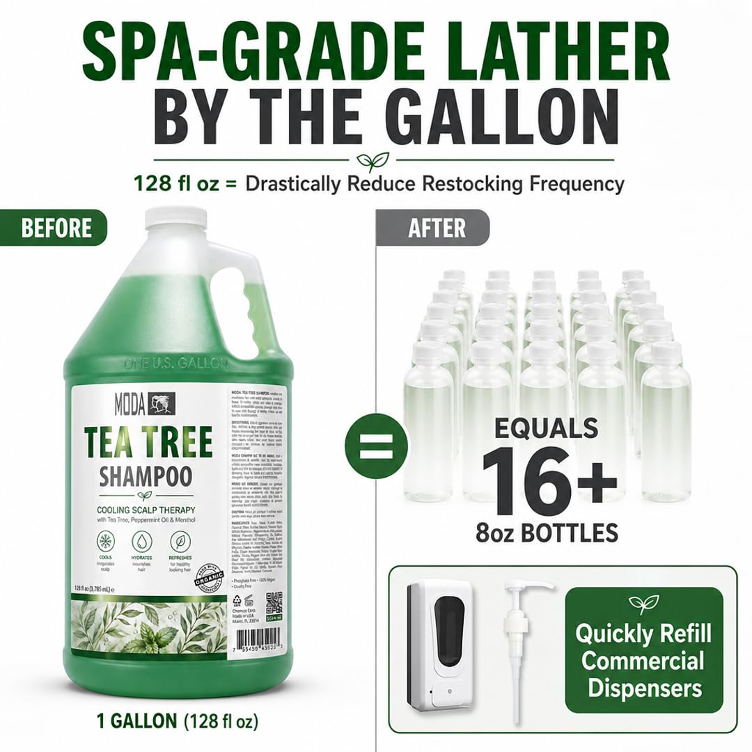 MODA 1 Gallon Tea Tree Bulk Botanical Shampoo - Cooling Scalp Therapy to Remove Styling Product Buildup - Reduce Restocking Frequency and Deliver a Spa-Grade Lather, 128 fl oz