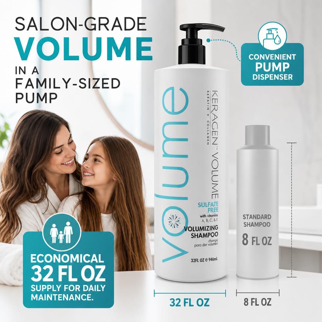 KERAGEN Volumizing Shampoo for Fine Hair, Sulfate-Free, Infused with Keratin, Collagen, and Organic Oils for Thickness and Shine - Beauty Market Online