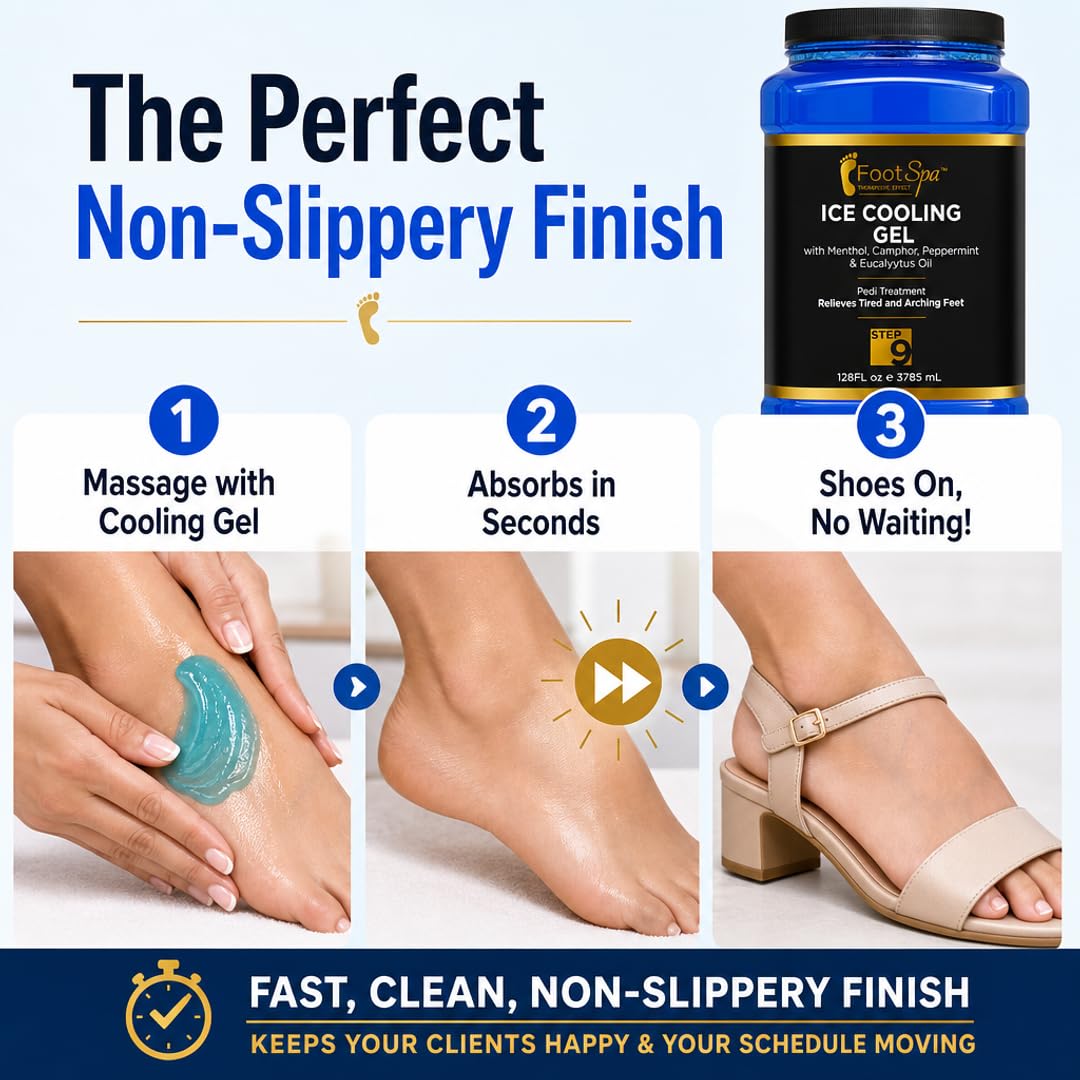 Foot Spa Massage Cooling Gel – Professional Strength Ice Cooling Therapy for Pedicure &amp; Foot Care – Infused with Menthol, Camphor, Peppermint &amp; Eucalyptus Oil for Soothing Relief &amp; Refreshing Hydration