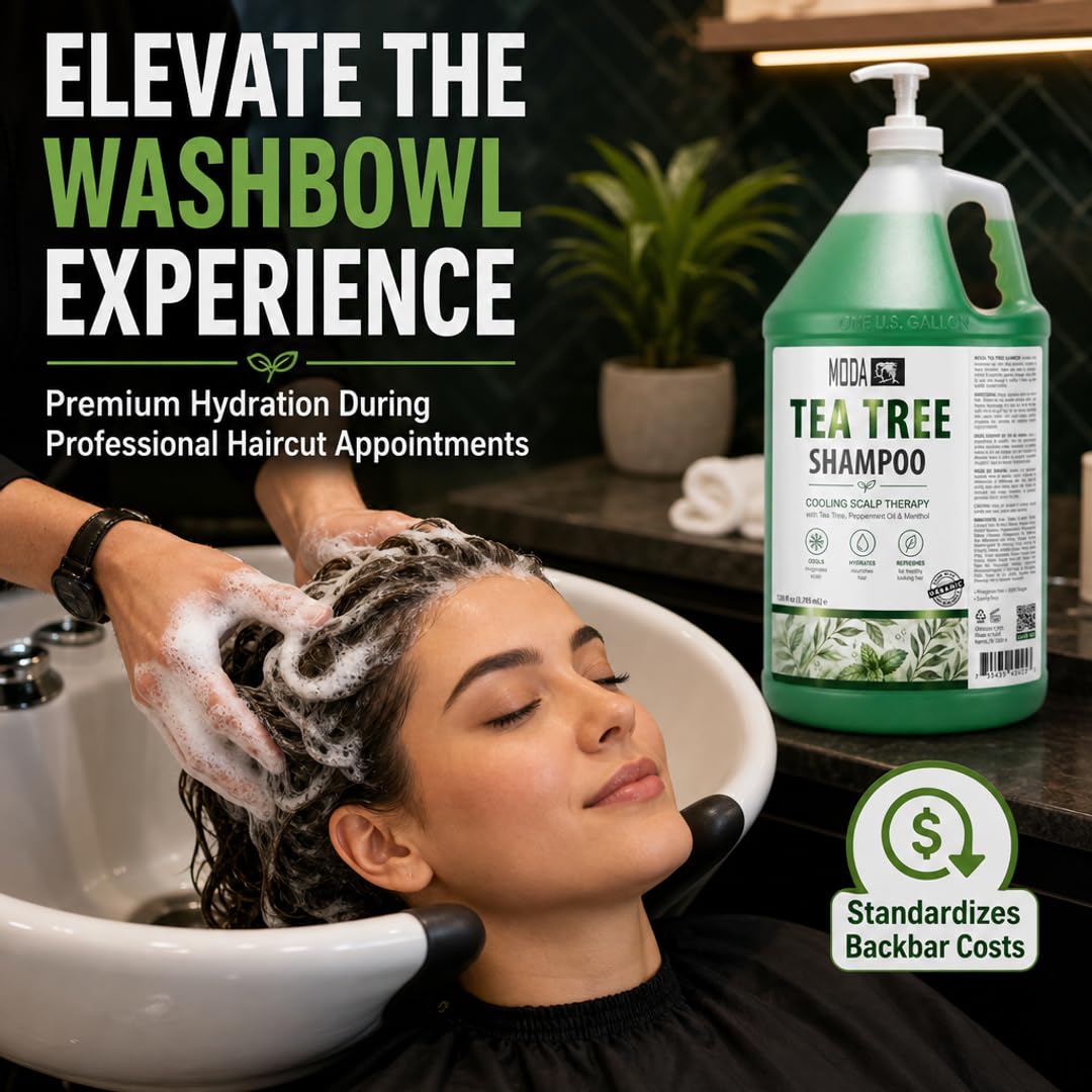 MODA 1 Gallon Tea Tree Bulk Botanical Shampoo - Cooling Scalp Therapy to Remove Styling Product Buildup - Reduce Restocking Frequency and Deliver a Spa-Grade Lather, 128 fl oz