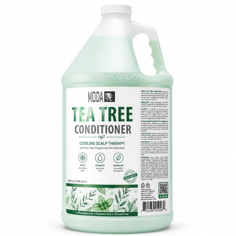 MODA TEA TREE Bulk Salon Conditioner Premium Back-Bar & Amenity Treatment Salon-Grade Luxury at Commercial Scale A 'set it and forget it' 1-Gallon single-SKU solution Repairs the cuticle 128 Oz