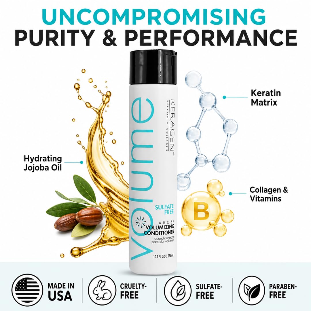 KERAGEN Volumizing Shampoo &amp; Conditioner Duo - For Fine Hair with Keratin &amp; Collagen