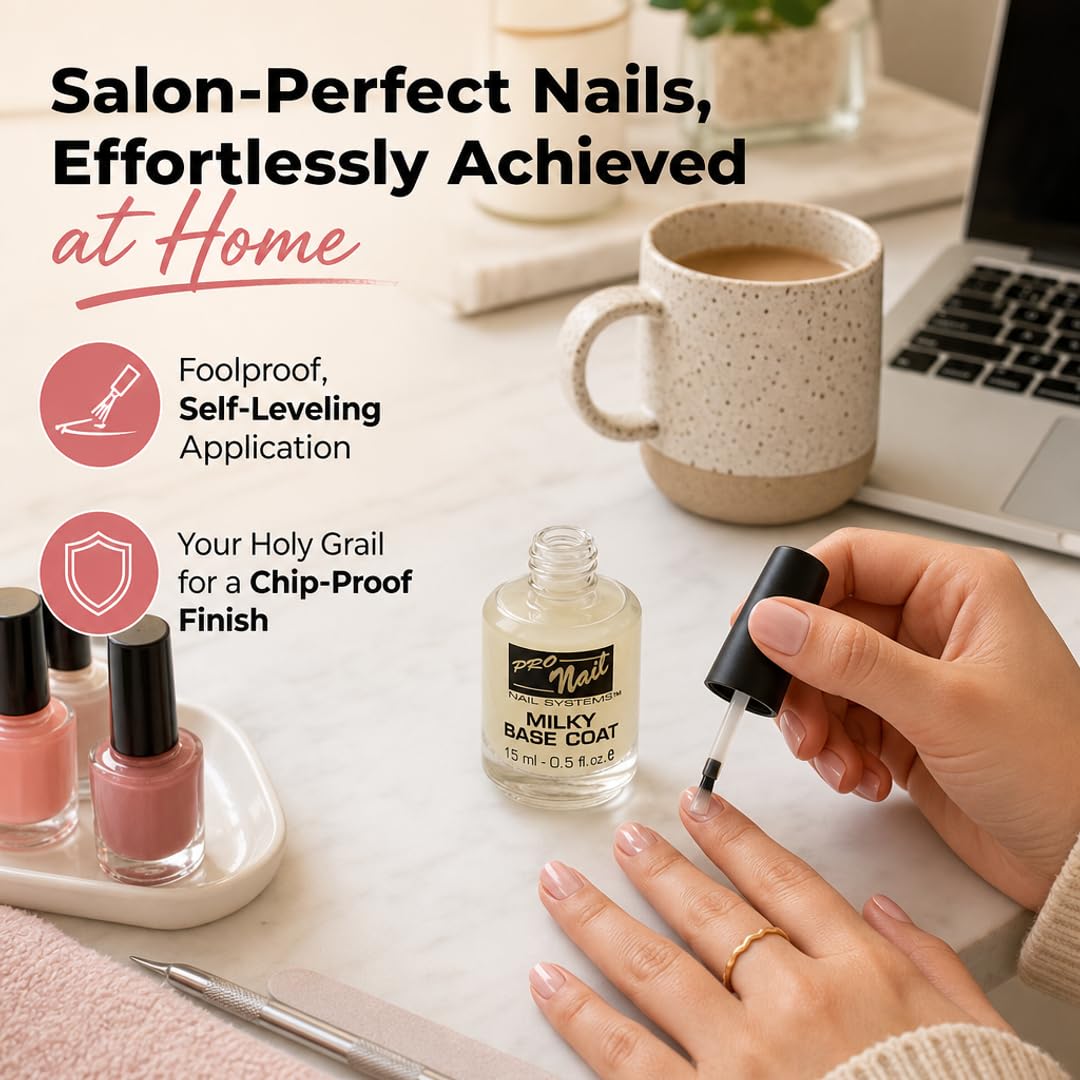 PRO NAIL Milky Base Coat - Professional Strength Nail Polish Hardener - Prevents Chipping - Fast Dry