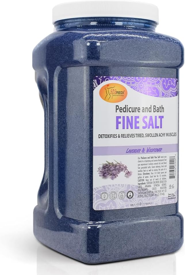 Spa Redi Pedicure and Bath Fine Salt, 128 fl oz jar with lavender &amp; wildflower scent. Dark purple salt crystals detoxify, relieve tired, swollen muscles. Ideal for pedicures and baths, providing relaxation and softening the skin.