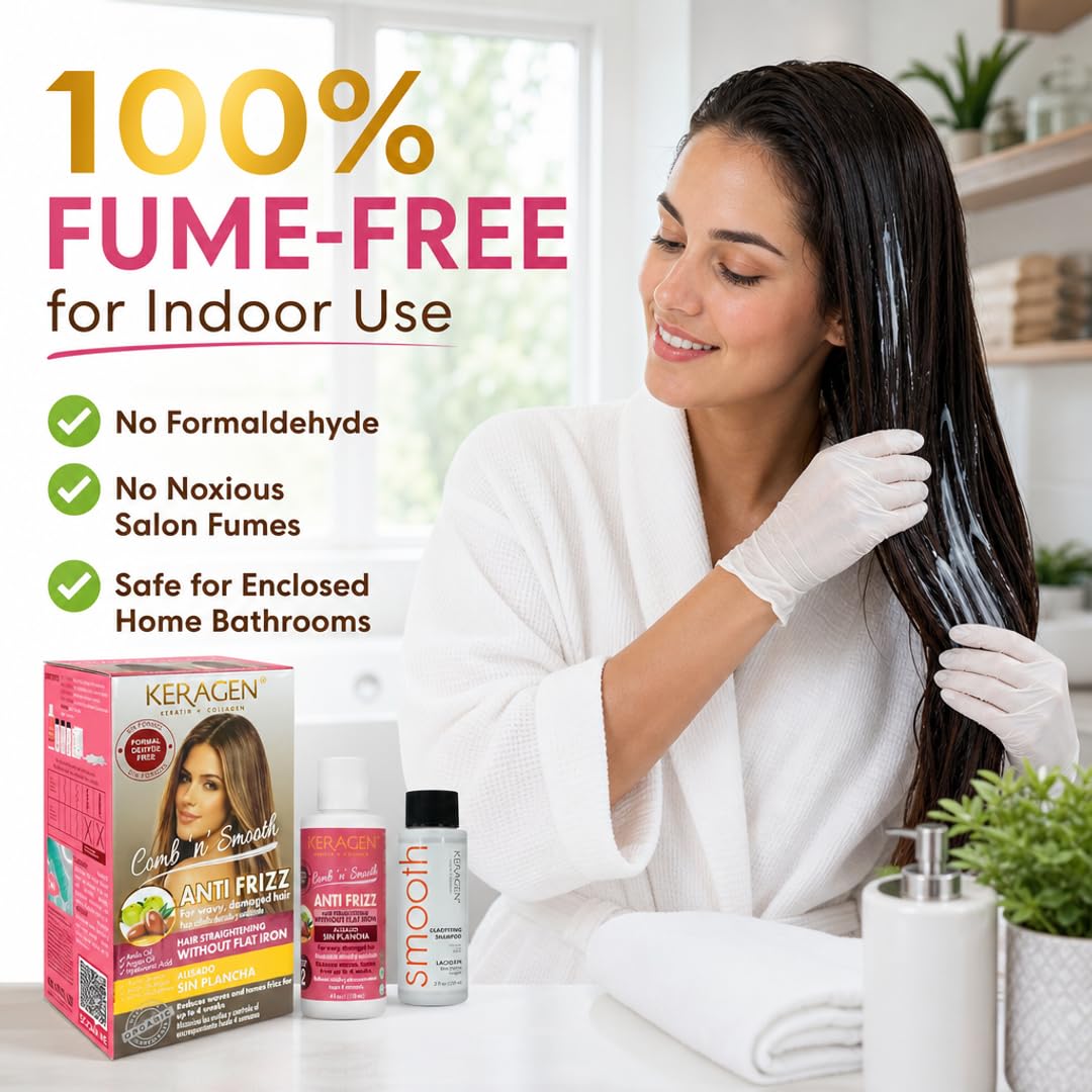 KERAGEN Smoothing Hair Treatment Kit – Frizz Control for Frizzy Hair | At-Home Use, No Flat Iron Required