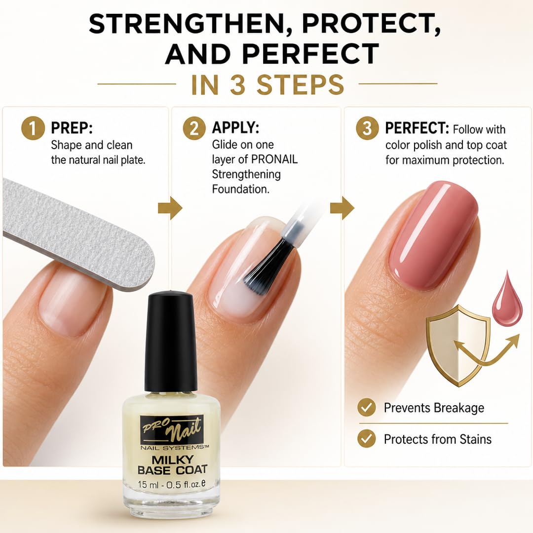 PRO NAIL Milky Base Coat - Professional Strength Nail Polish Hardener - Prevents Chipping - Fast Dry