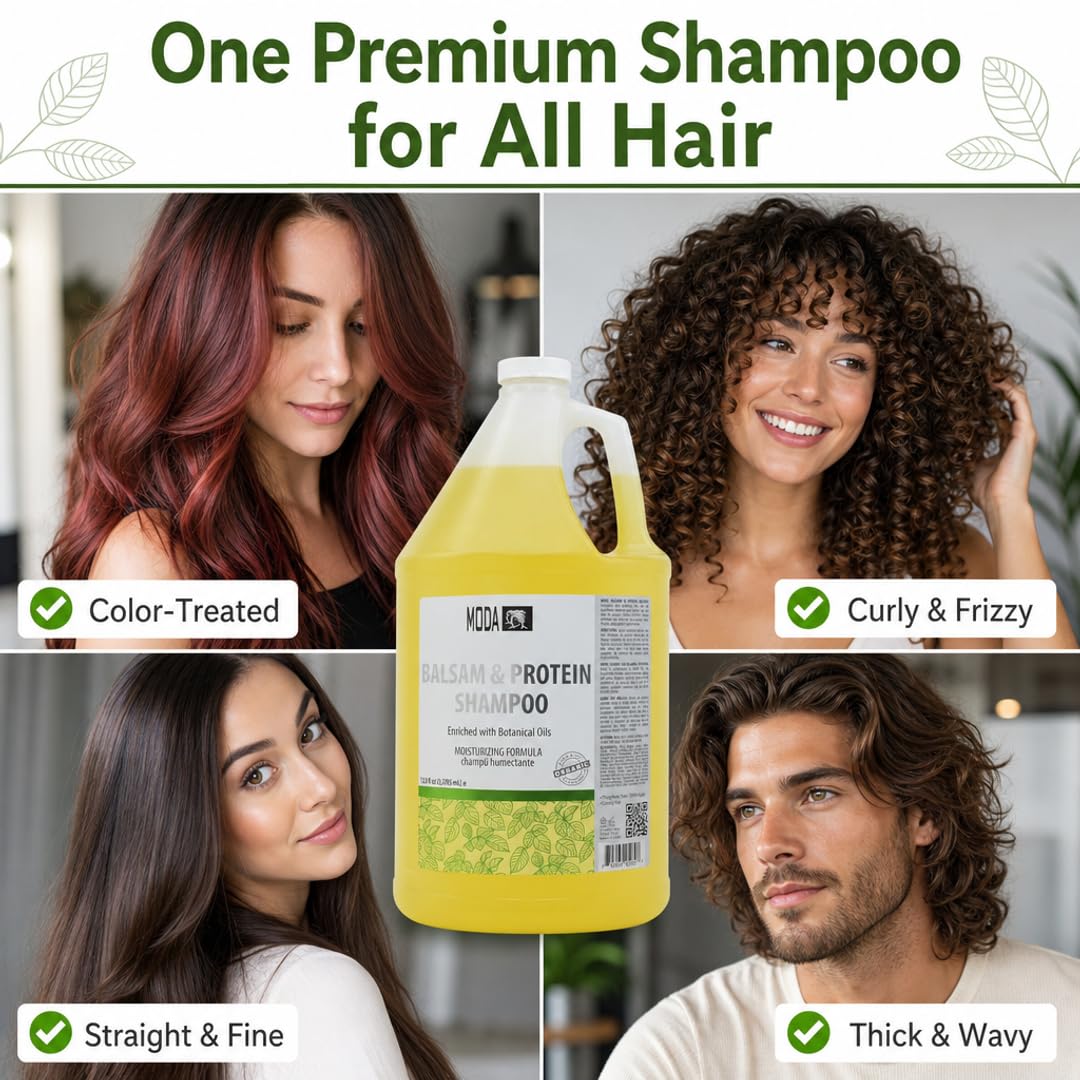 MODA - Moisturizing Shampoo for All Hair Types, Balsam and Protein, Professional - Deep Cleansing and Conditioning - Strengthens, Restores, and Adds Shine