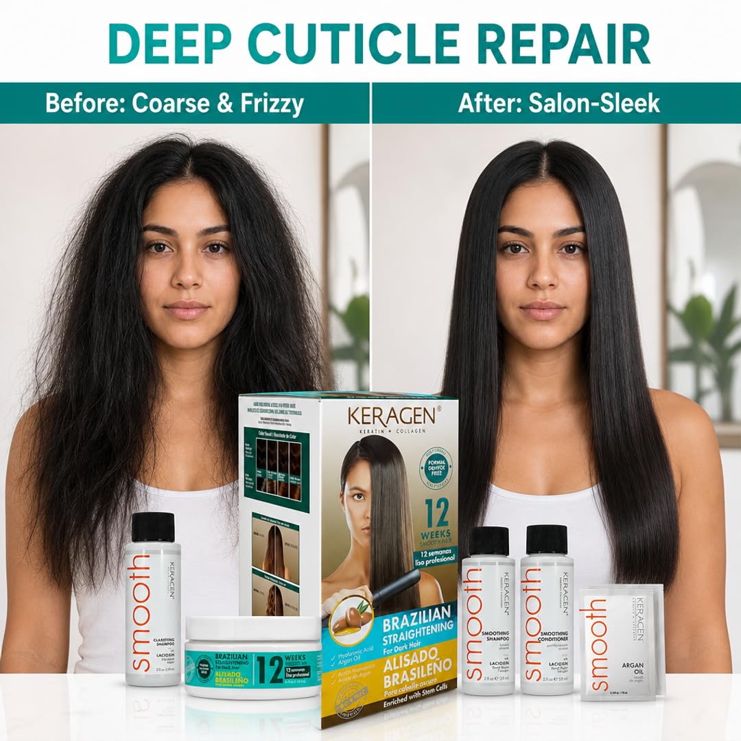 KERAGEN At-Home Keratin Smoothing Treatment – Formaldehyde-Free, Color-Safe System for Dark, Coarse &amp; Frizzy Hair | 12-Week Frizz Control &amp; Humidity Resistance | Organic-Infused Formula