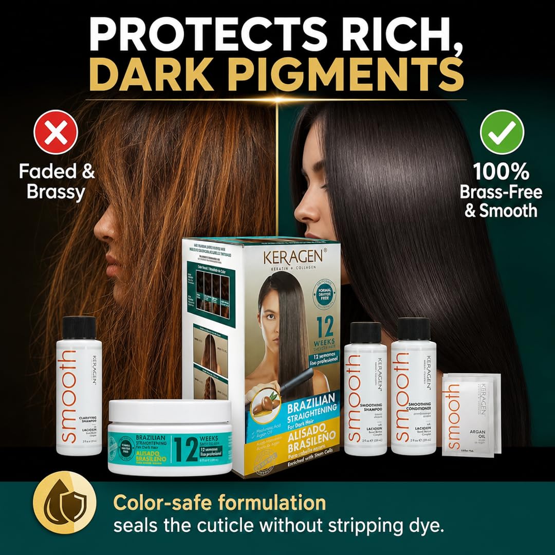 KERAGEN At-Home Keratin Smoothing Treatment – Formaldehyde-Free, Color-Safe System for Dark, Coarse &amp; Frizzy Hair | 12-Week Frizz Control &amp; Humidity Resistance | Organic-Infused Formula