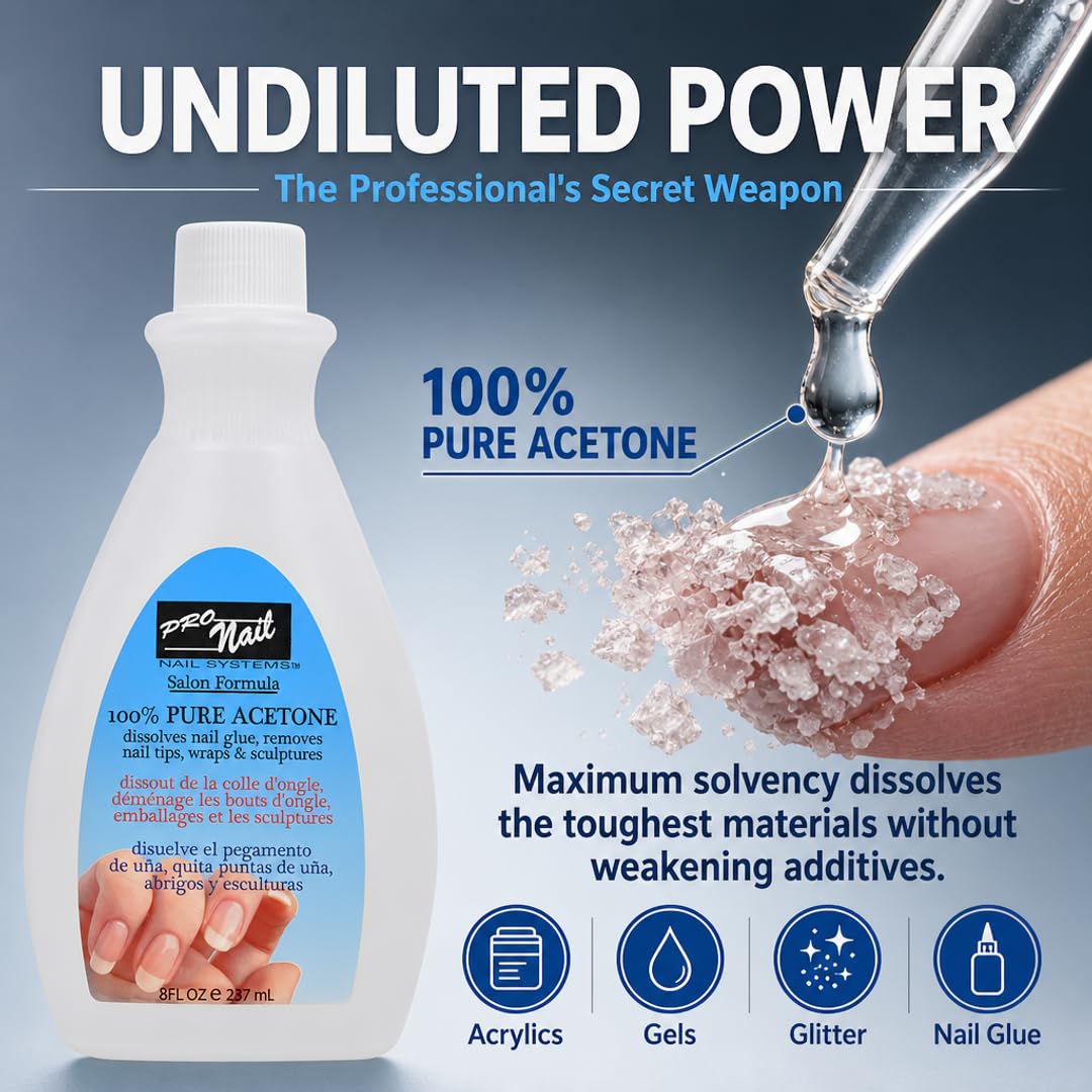 PRO NAIL 100% Pure Acetone Nail Polish Remover - Professional Strength for Acrylic Nails