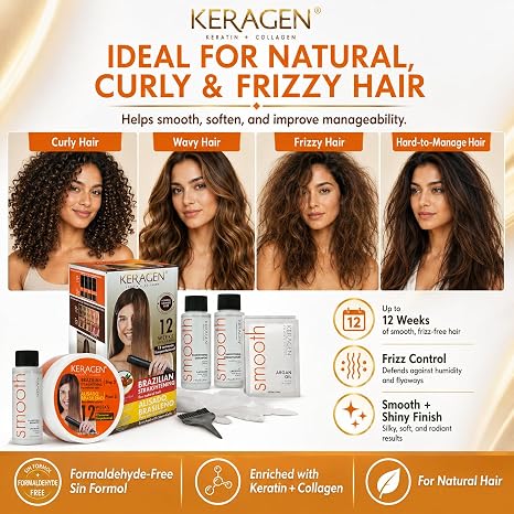 KERAGEN At-Home Hair Straightening Kit – Formaldehyde-Free Smoothing Treatment for Frizz-Prone Hair | 12-Week Humidity-Proof Results | Fine, Medium & Coarse Hair Types | Organic Ingredients