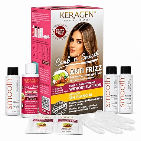 KERAGEN Smoothing Hair Treatment Kit – Frizz Control for Frizzy Hair | At-Home Use, No Flat Iron Required