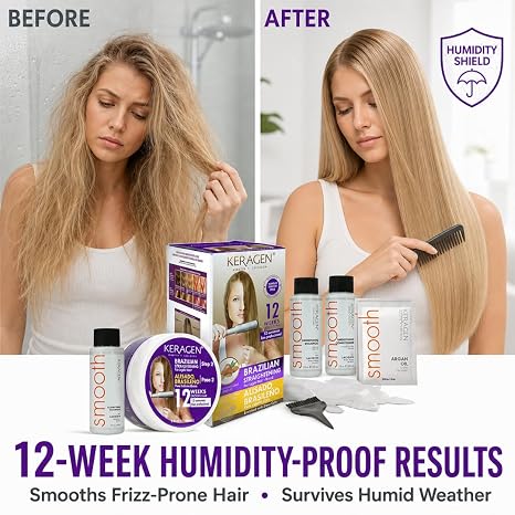 KERAGEN At-Home Hair Straightening Kit for Blonde Hair – Formaldehyde-Free Smoothing Treatment for Frizz-Prone Hair | 12-Week Humidity-Proof Results | Fine, Medium &amp; Coarse Hair Types | Organic Ingredients