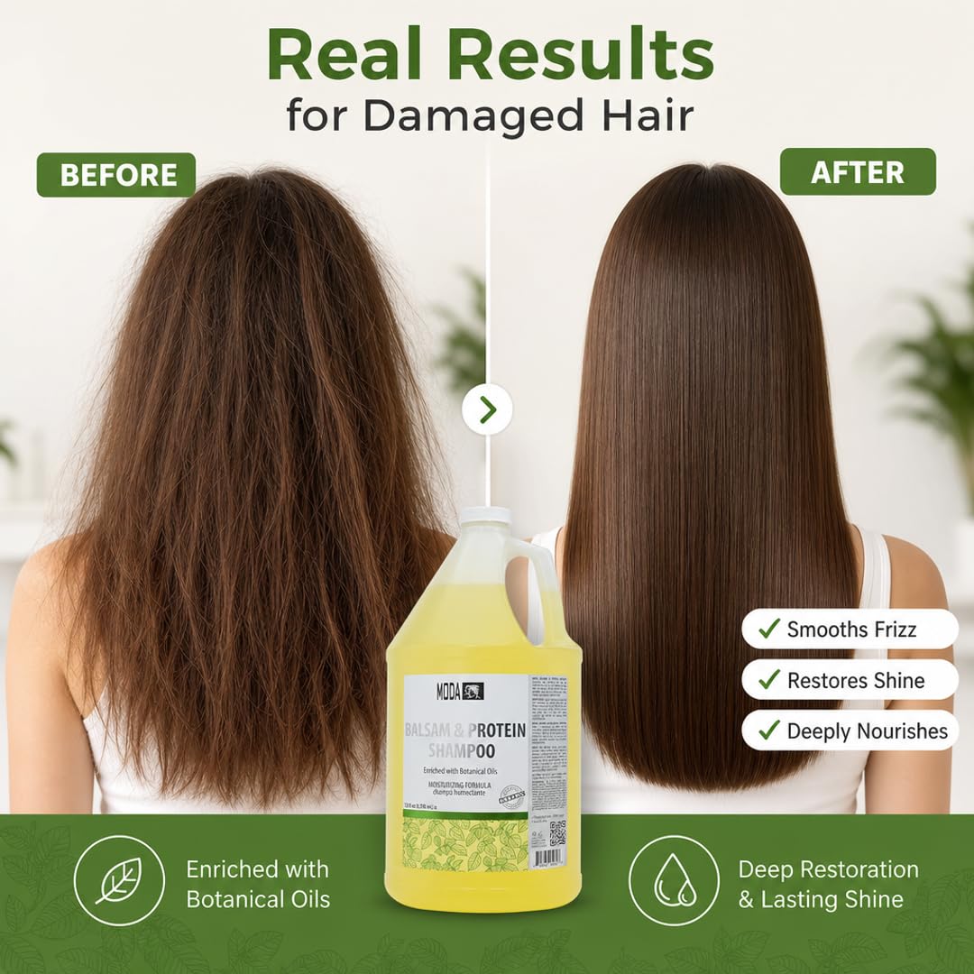 MODA - Moisturizing Shampoo for All Hair Types, Balsam and Protein, Professional - Deep Cleansing and Conditioning - Strengthens, Restores, and Adds Shine