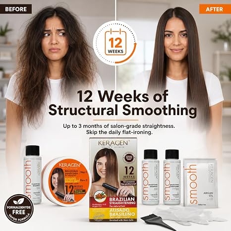 KERAGEN At-Home Hair Straightening Kit – Formaldehyde-Free Smoothing Treatment for Frizz-Prone Hair | 12-Week Humidity-Proof Results | Fine, Medium & Coarse Hair Types | Organic Ingredients