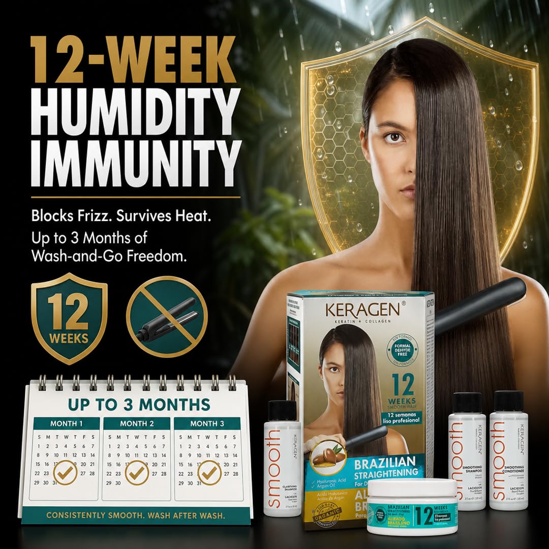 KERAGEN At-Home Keratin Smoothing Treatment – Formaldehyde-Free, Color-Safe System for Dark, Coarse &amp; Frizzy Hair | 12-Week Frizz Control &amp; Humidity Resistance | Organic-Infused Formula