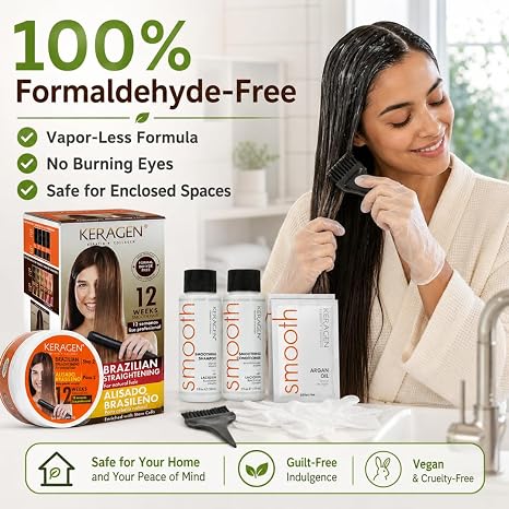 KERAGEN At-Home Hair Straightening Kit – Formaldehyde-Free Smoothing Treatment for Frizz-Prone Hair | 12-Week Humidity-Proof Results | Fine, Medium & Coarse Hair Types | Organic Ingredients