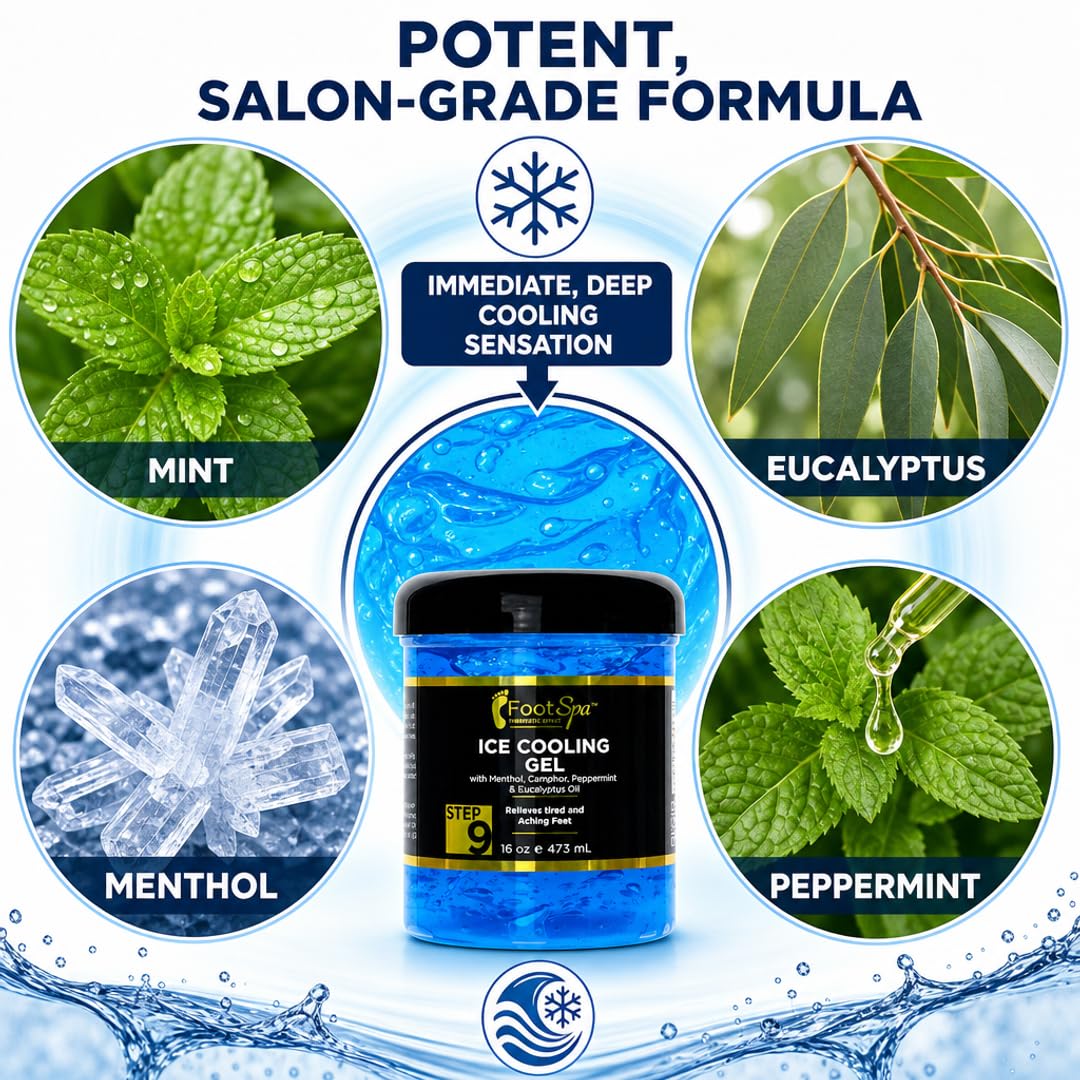 Foot Spa Massage Cooling Gel – Professional Strength Ice Cooling Therapy for Pedicure &amp; Foot Care – Infused with Menthol, Camphor, Peppermint &amp; Eucalyptus Oil for Soothing Relief &amp; Refreshing Hydration - Beauty Market Online